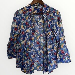 Ralph Lauren Sz M Top Blue Red Floral Light Cool Great Colors 3/4 Sleeve